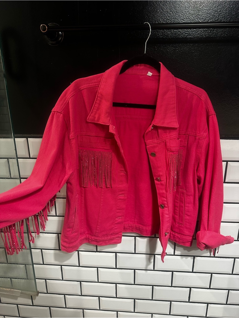 Women’s Rhinestone Fringe Denim Jacket - Hot Pink